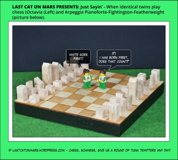Chess set by Lanier Graham with two minifigures identical twins about to play a game